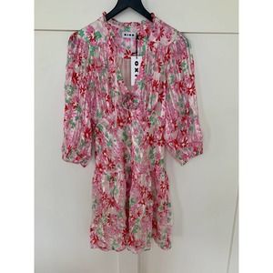 Rixo Devi Mini Dress in Pink Small Floral Long Sleeve Ruffle Deep V-Neck Party